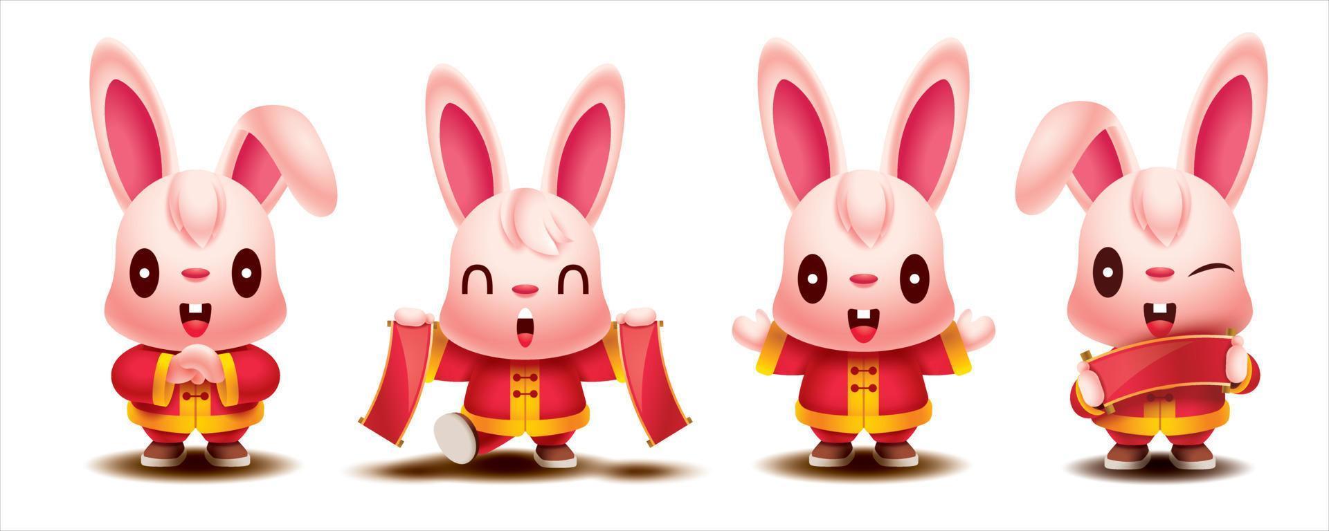 Nouvel an chinois 2023. mignon petit lapin saluant la main et tenant un rouleau chinois rouge vierge. année du personnage du zodiaque du lapin. illustration vectorielle de jeu de dessin animé de lapin vecteur