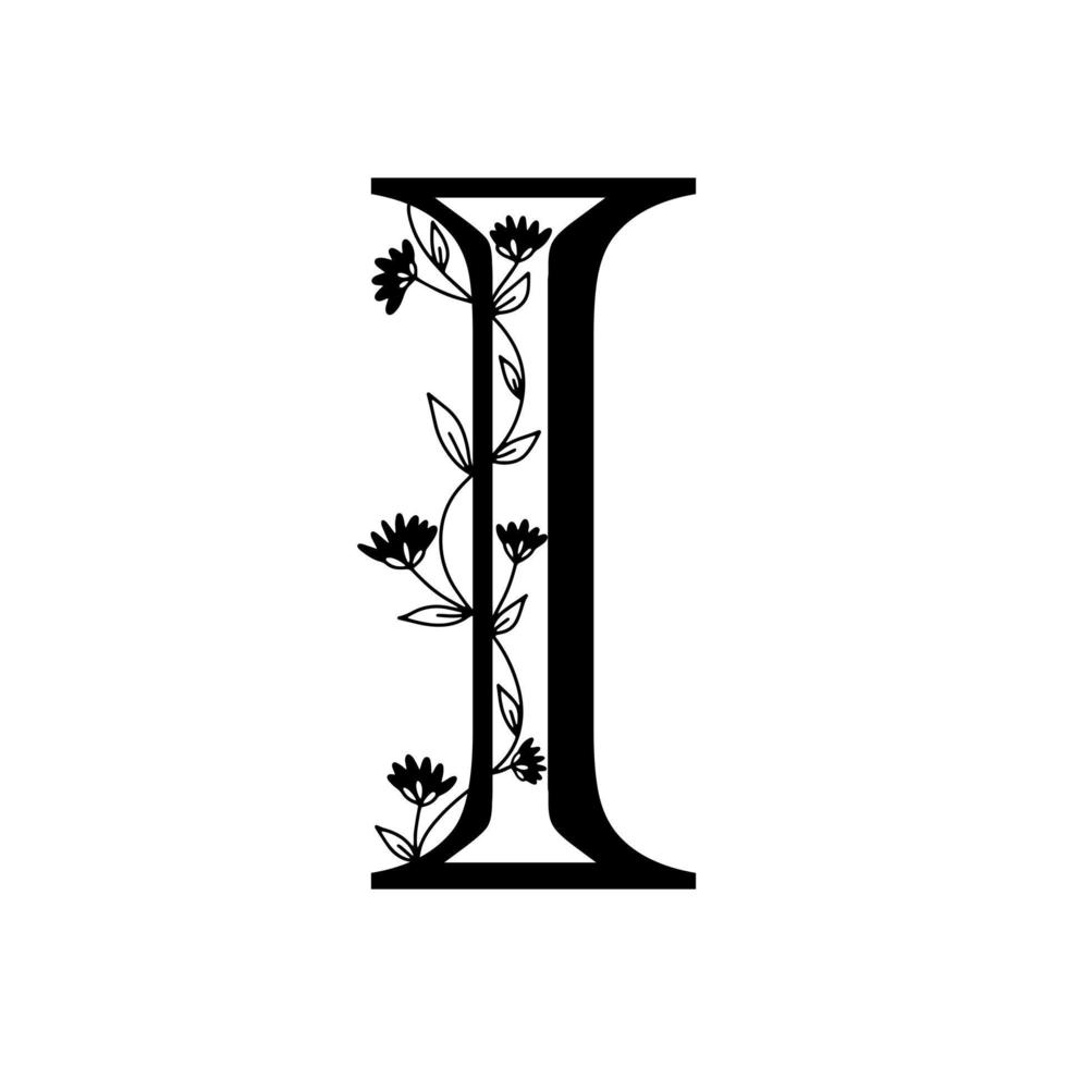 alphabet botanique floral. lettre de monogramme vintage dessiné à la main i. lettre avec plantes et fleurs. lettrage de vecteur isolé sur blanc