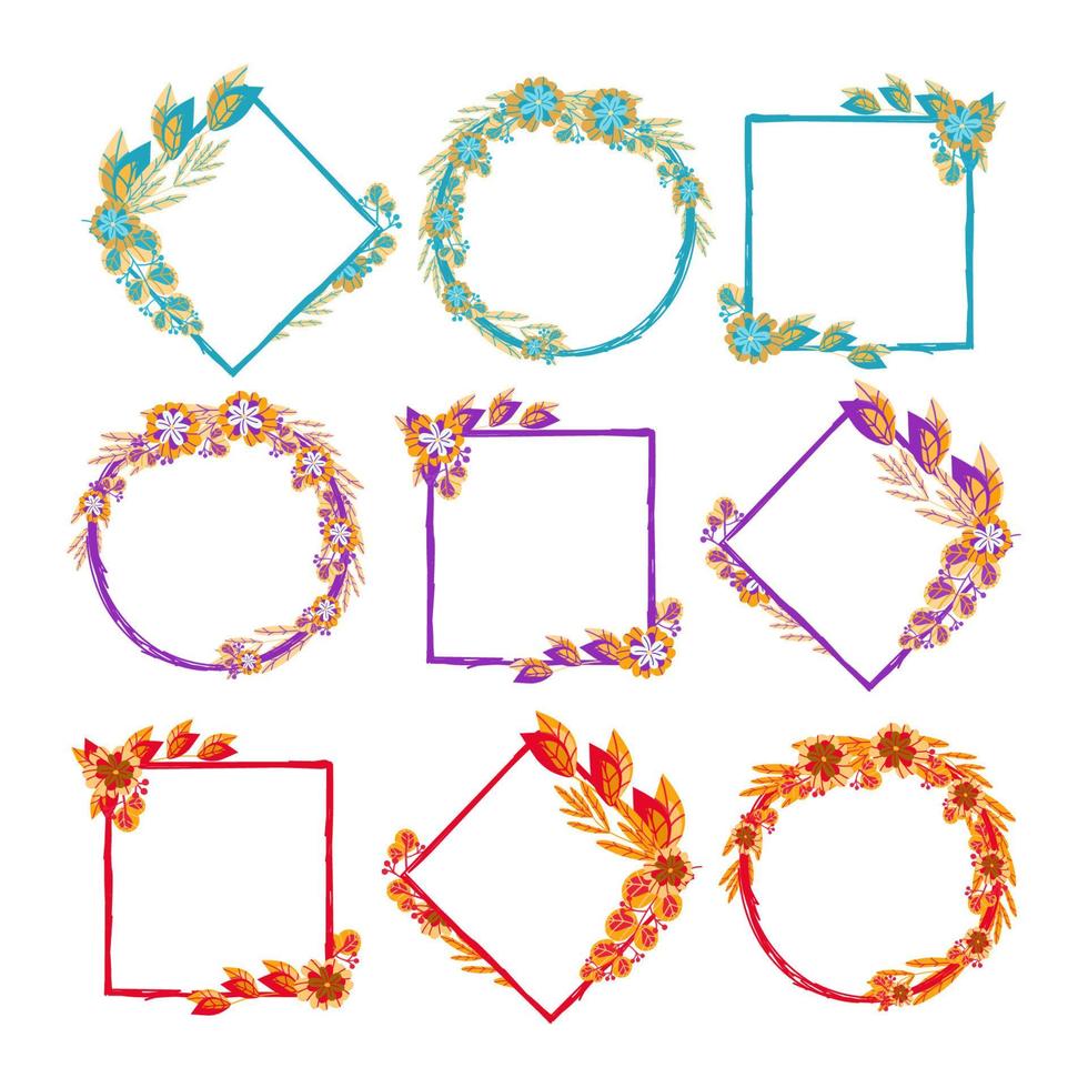 ensemble de différents cadres avec des fleurs et des brindilles, éléments dessinés à la main en style cartoon. fleurs. Couleurs différentes. modèles de cartes de vœux. images vectorielles de plantes sur fond blanc vecteur