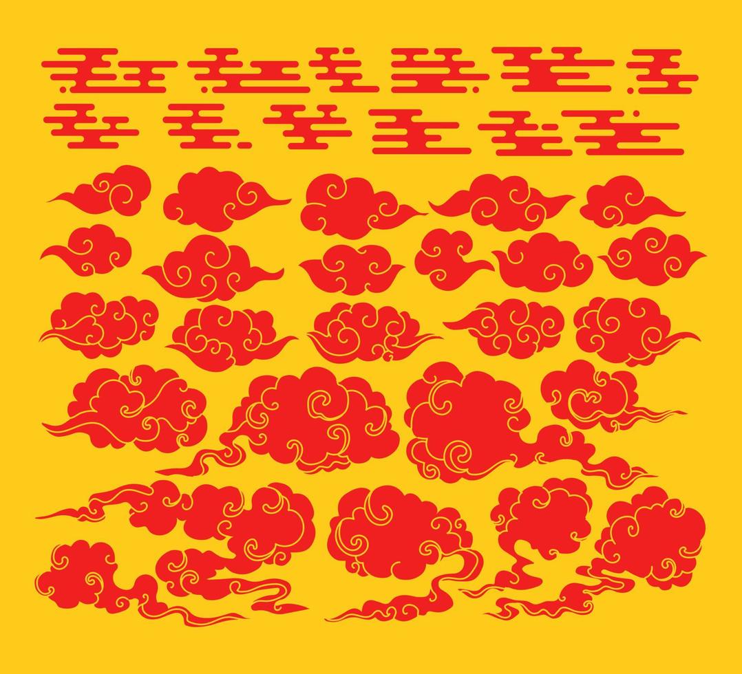 collection de nuages rouges à la chinoise. ensemble de nuages dessinés à la main avec vecteur de motif japonais. décoration orientale. dépliant ou présentation dans un style vintage.