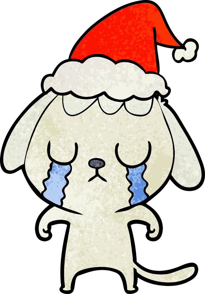 mignon dessin animé texturé d'un chien qui pleure portant un bonnet de noel vecteur