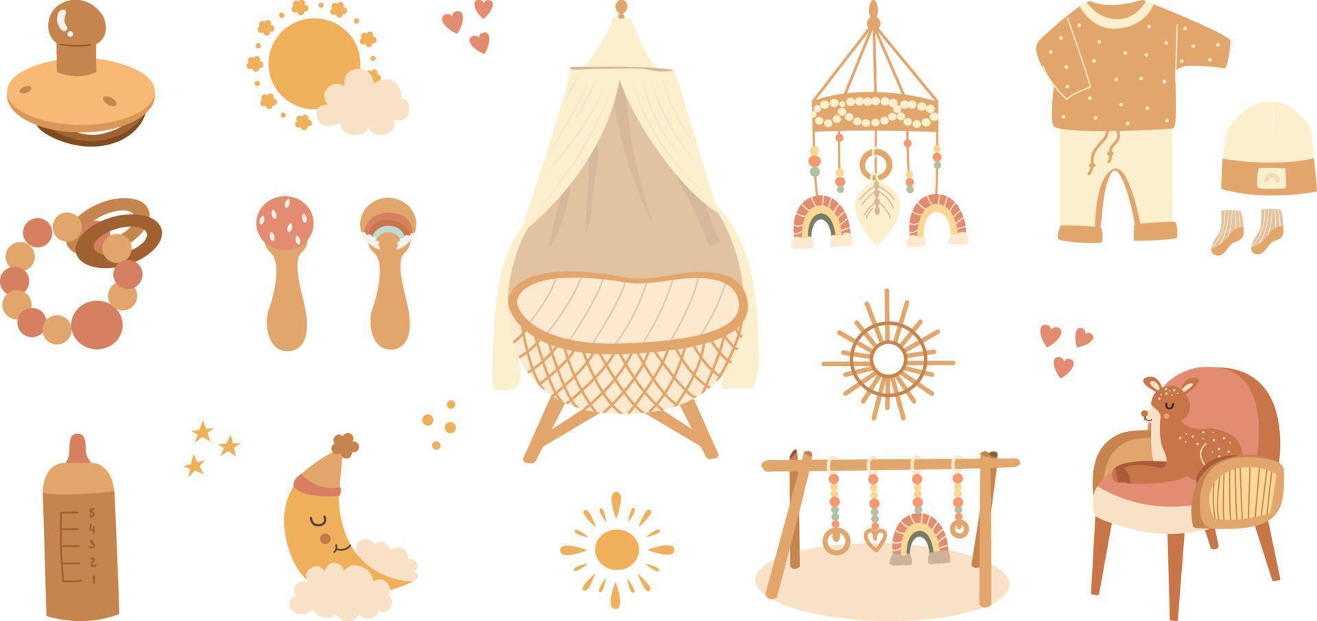 ensemble d'objets bébé boho mignons dans un style scandinave. dessin animé doodle enfants clipart pour carte d'invitation de douche de bébé, décor de chambre de bébé, affiche. illustration vectorielle. vecteur