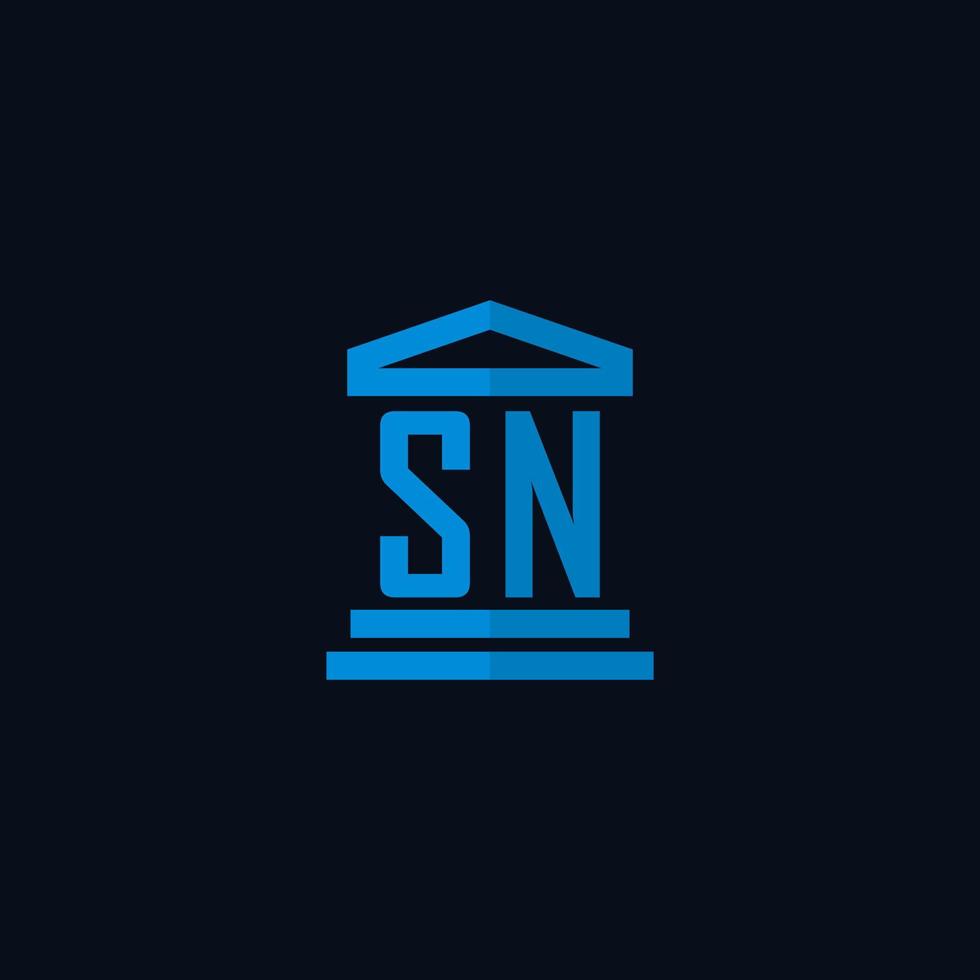 monogramme de logo initial sn avec vecteur de conception d'icône de bâtiment de palais de justice simple