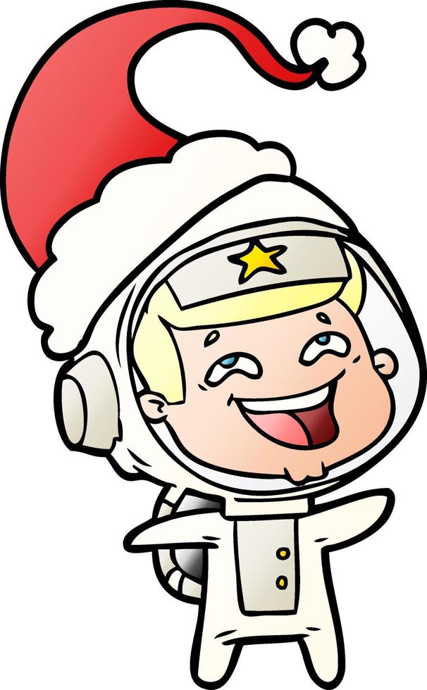 dessin animé dégradé d'un astronaute riant portant un bonnet de noel vecteur