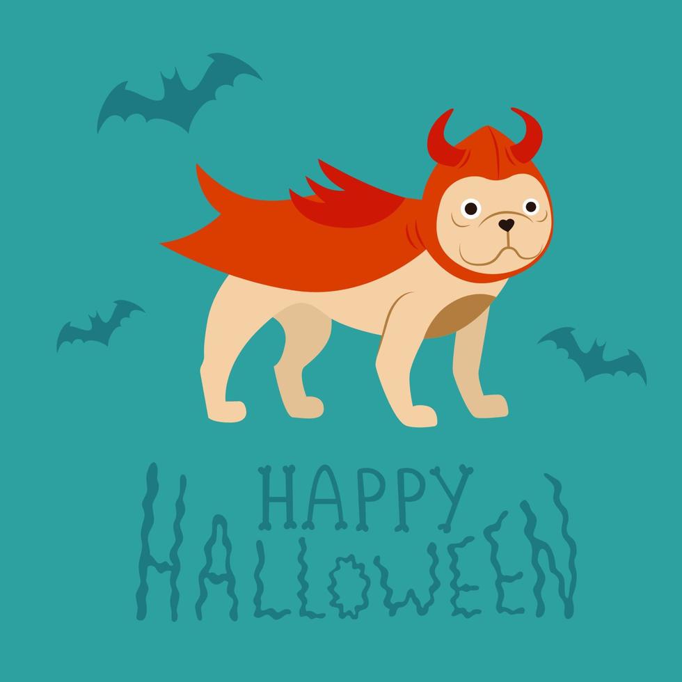 chien bouledogue français avec diable rouge costume d'halloween illustration vectorielle avec cornes de diable et ailes de chauve-souris rouge pour la conception de cartes avec phrase de lettrage - joyeux halloween vecteur