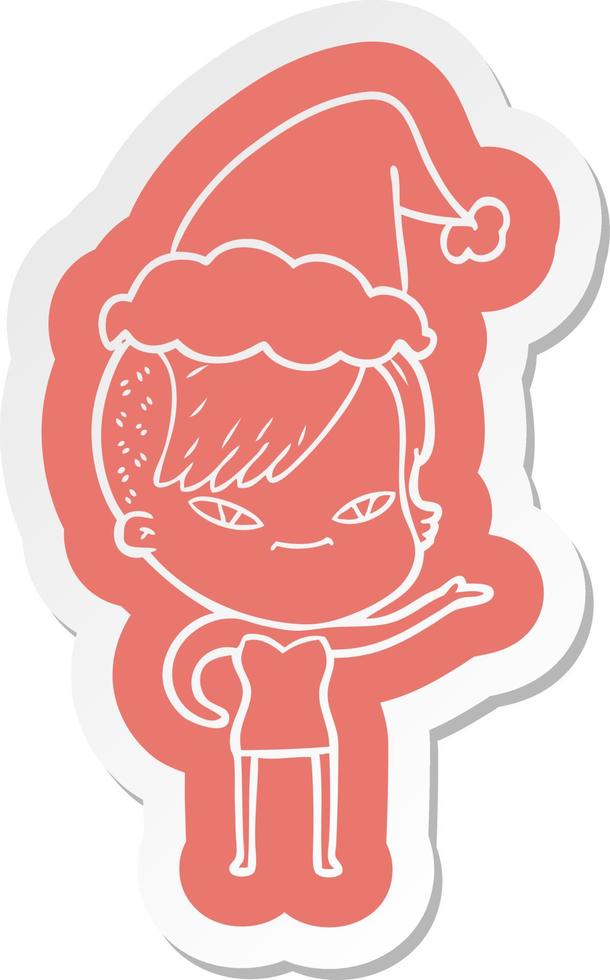 autocollant de dessin animé mignon d'une fille avec une coupe de cheveux hipster portant un bonnet de noel vecteur