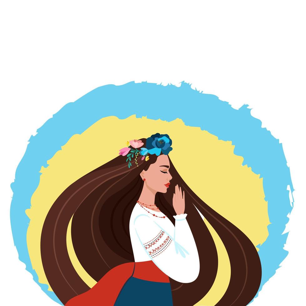 une fille dans une couronne et des vêtements nationaux ukrainiens prie. illustration vectorielle dans un style plat vecteur
