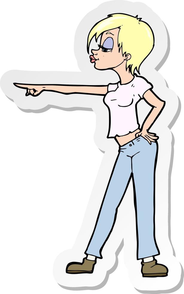 autocollant d'une femme de dessin animé pointant du doigt vecteur