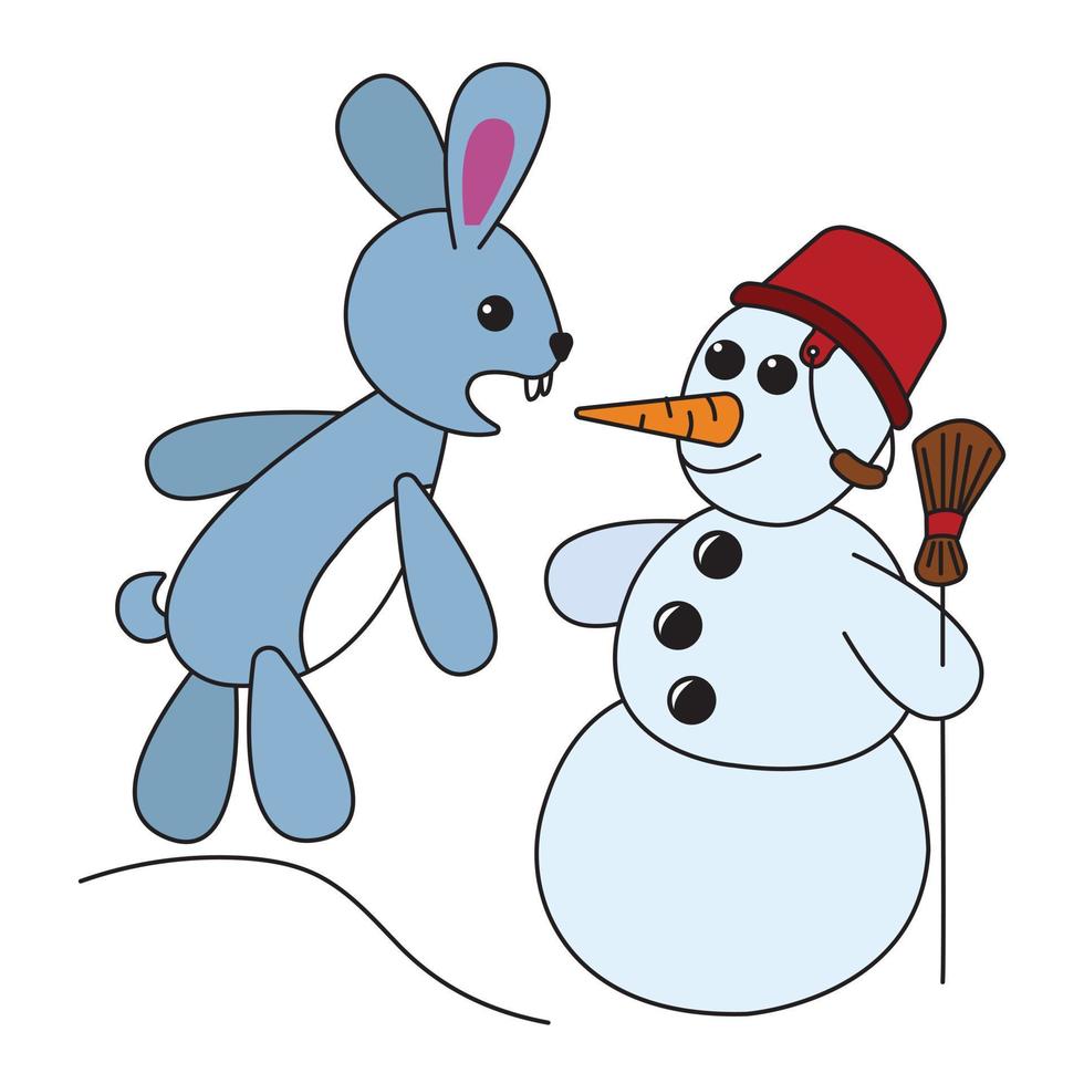 le lapin mord le nez de carotte du bonhomme de neige. art enfantin mignon en style cartoon. illustration vectorielle isolée sur fond blanc. vecteur