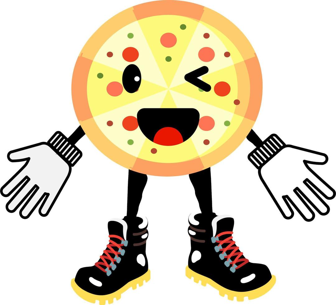 illustration d'icône de vecteur de mascotte de pizza. logo de dessin animé d'autocollant de pizza. concept d'icône alimentaire blanc isolé. style de dessin animé plat adapté à la page de destination web, à la bannière, à l'autocollant