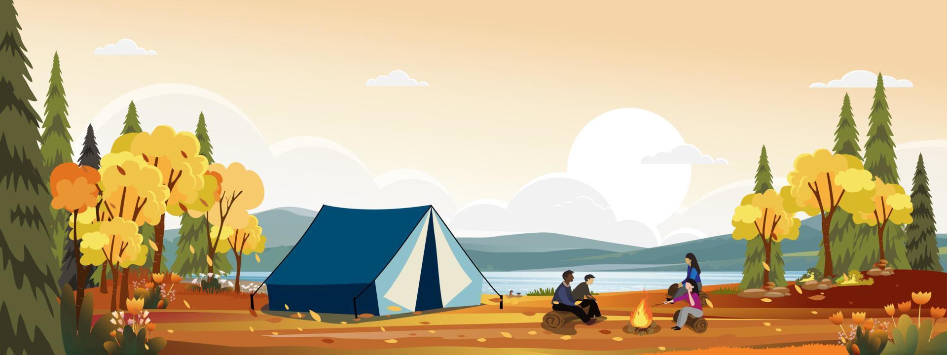 scène d'automne avec une famille profitant de vacances en camping à la campagne au bord de la rivière, des gens assis près de la tente et du feu de camp s'amusant à parler ensemble, paysage rural vectoriel dans la forêt d'automne avec coucher de soleil