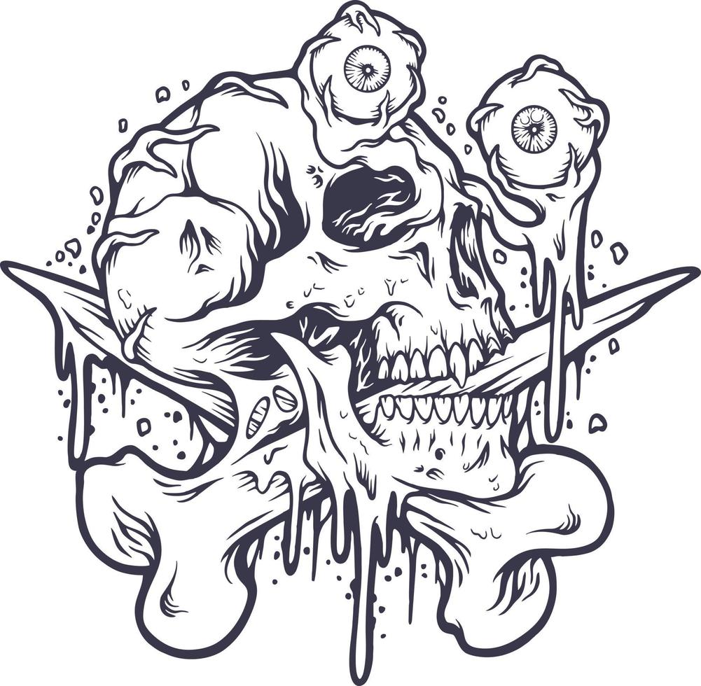 crâne de zombie effrayant globes oculaires illustration silhouette vecteur
