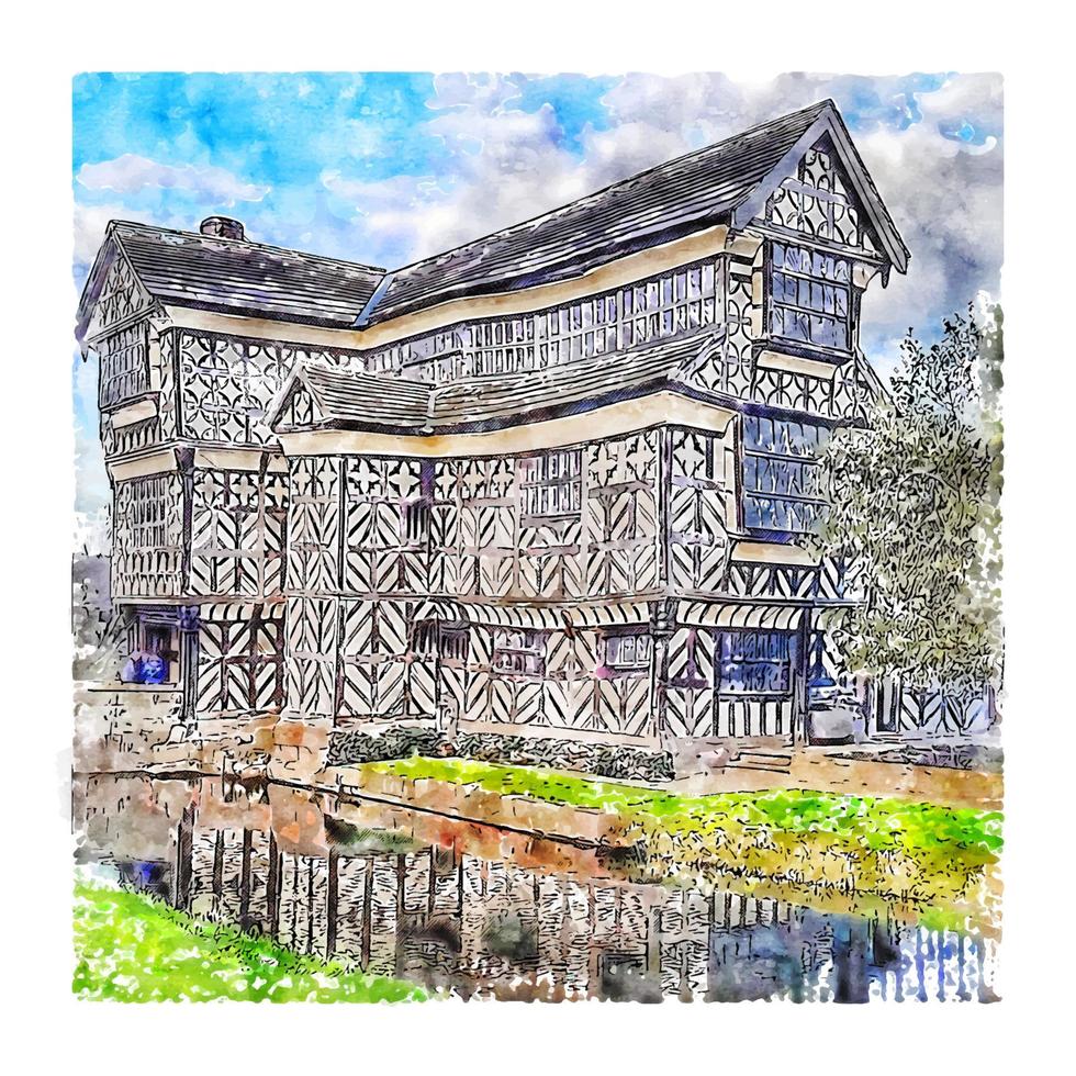 petit moreton hall congleton angleterre croquis aquarelle illustration dessinée à la main vecteur