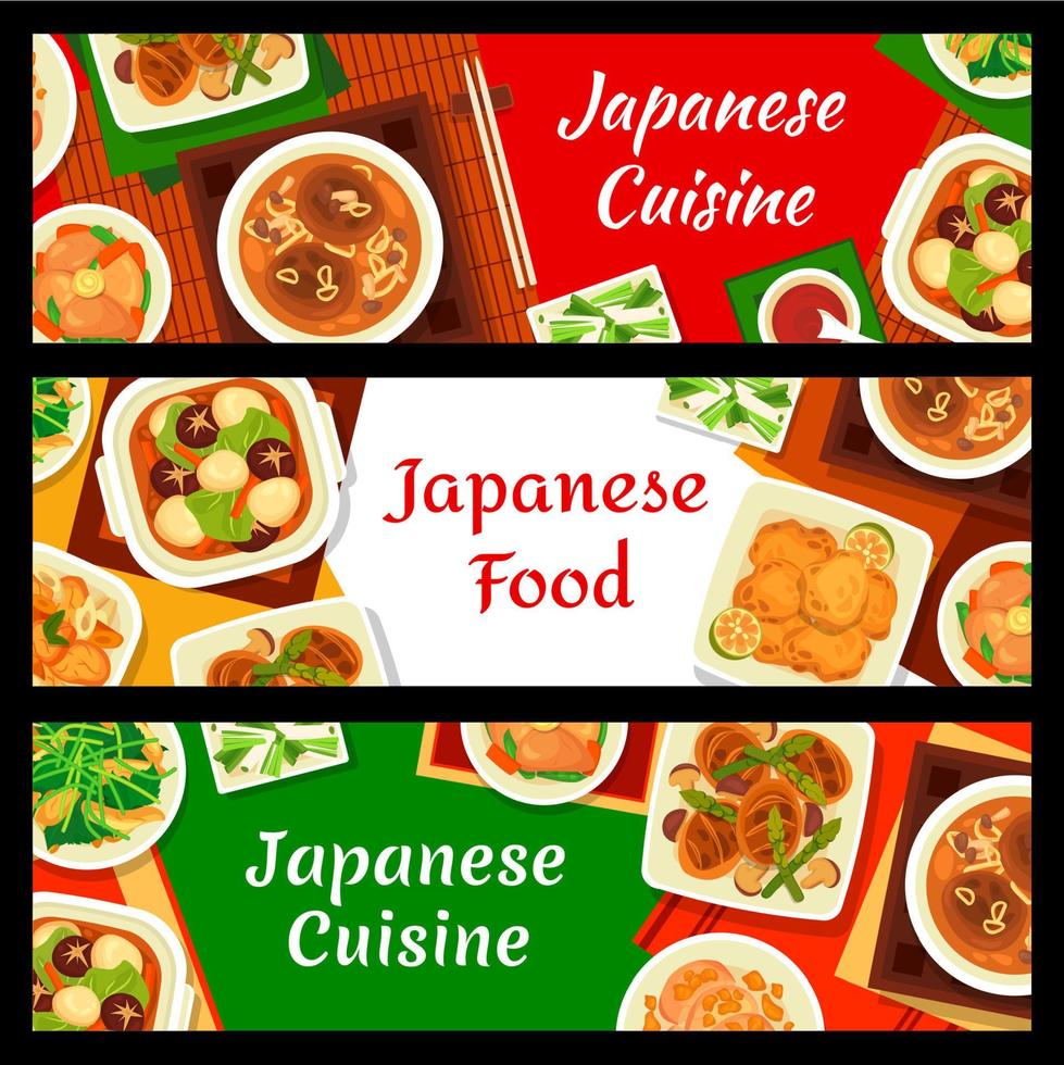 cuisine japonaise, jeu de bannières vectorielles de cuisine japonaise vecteur