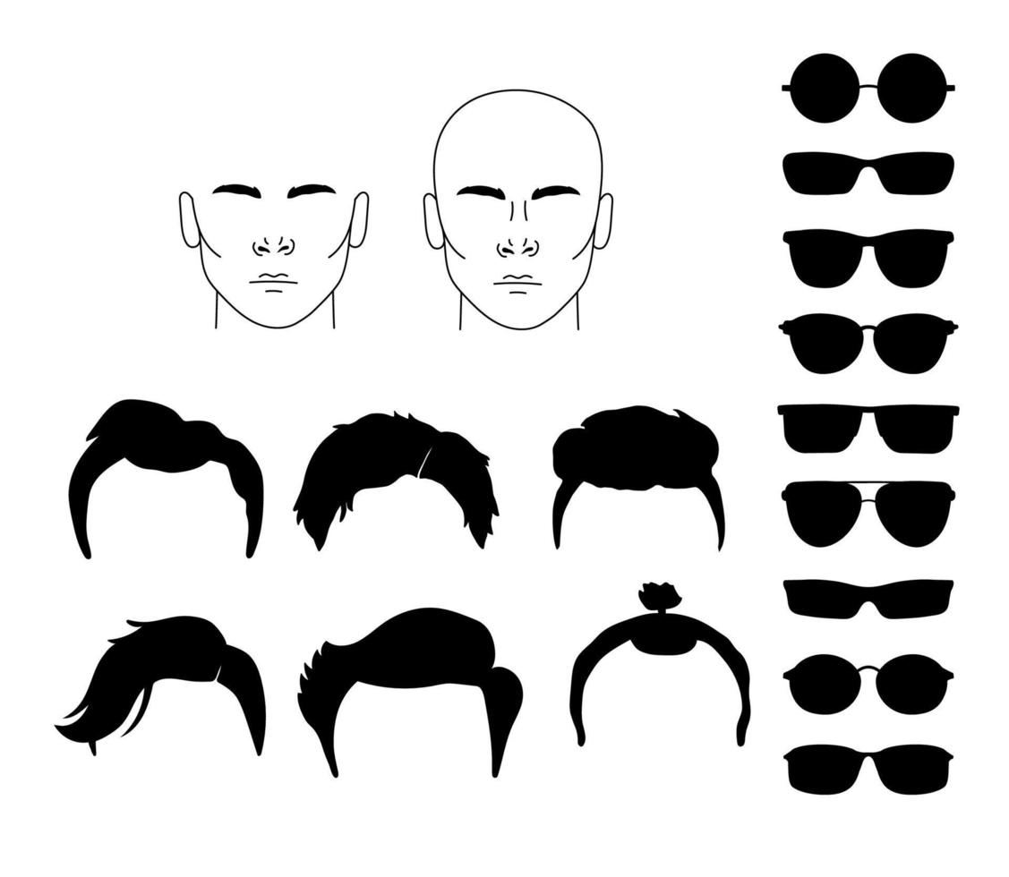 différentes coupes de cheveux et lunettes de style hipster. jeu d'icônes de visage d'homme vecteur