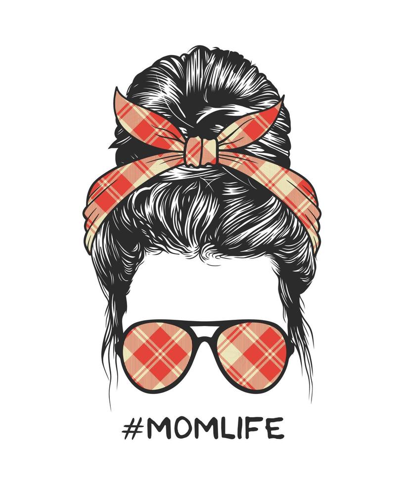 coiffure chignon désordonné femme avec joli bandeau à motif carré et lunettes illustration vectorielle vecteur