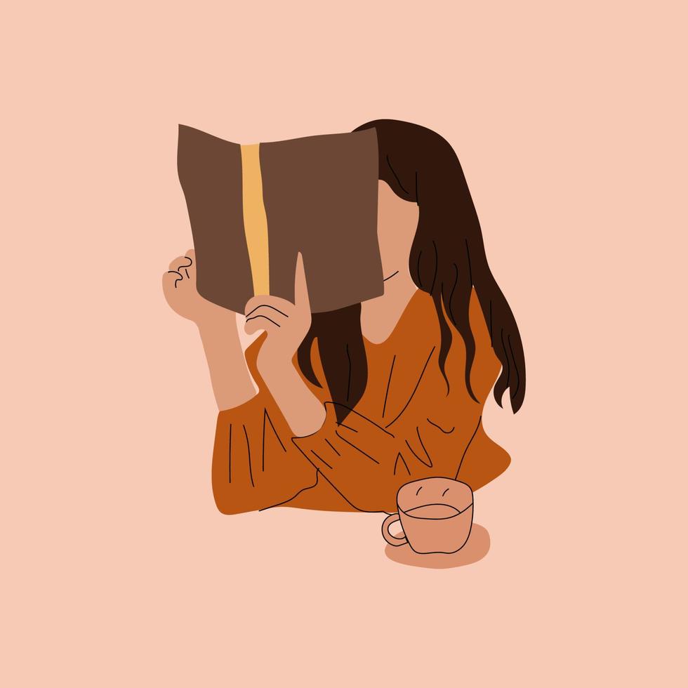 fille lit un livre dans un café. lire plus de concept de livres. illustration à la mode de vecteur dessiné à la main.