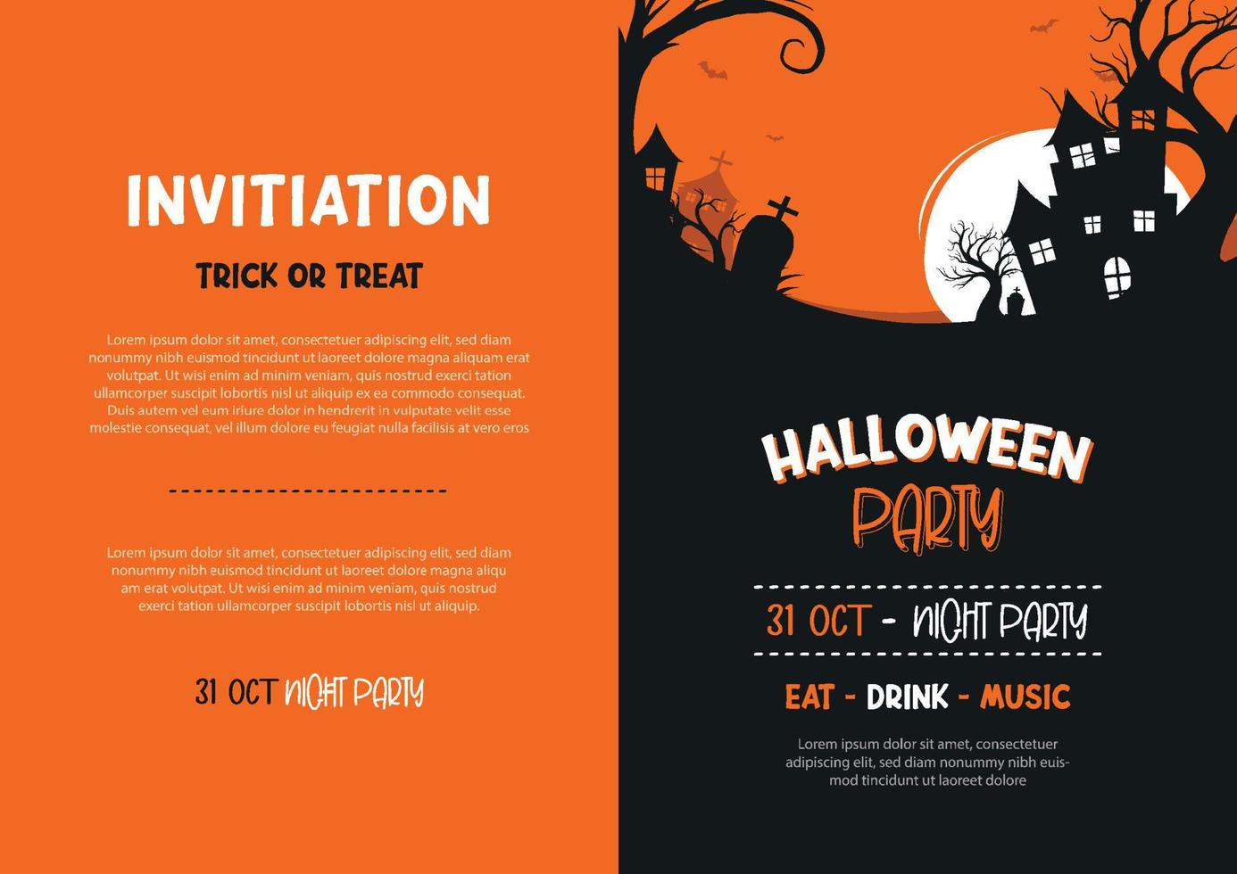 invitations à la fête d'halloween ou fond de cartes de voeux. modèle d'illustration d'halloween pour la bannière, l'affiche, le dépliant, la vente et tout le design. vecteur