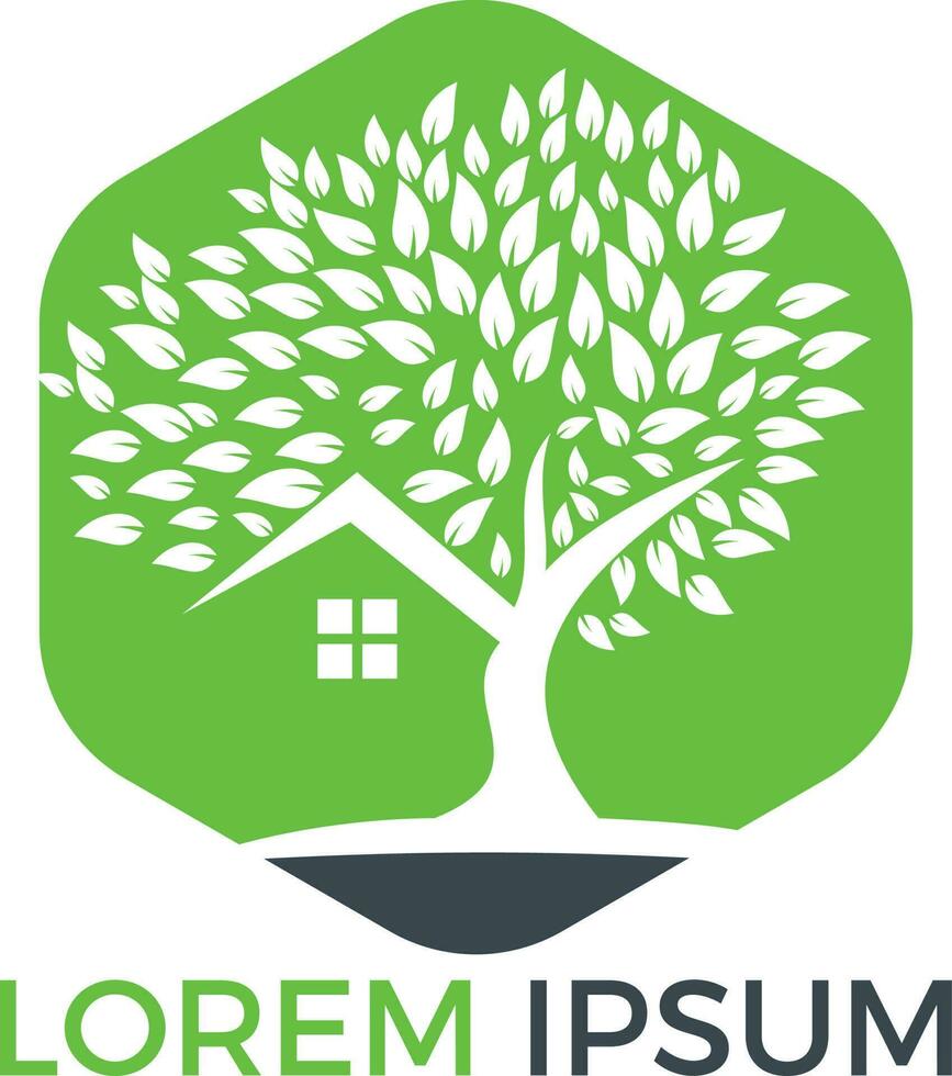 création de logo de maison dans les arbres. modèle de conception de vecteur de maison écologique.