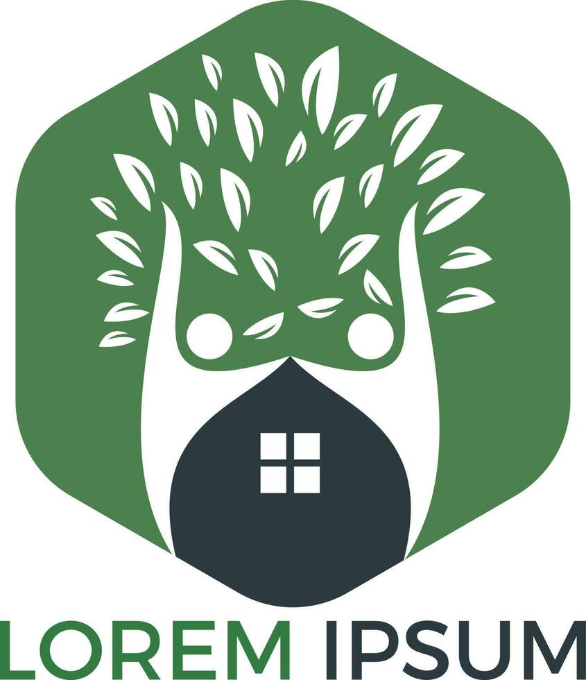 création de logo de maison et de personnes. maison dans les arbres et modèle de logo vectoriel de personnes joyeuses.