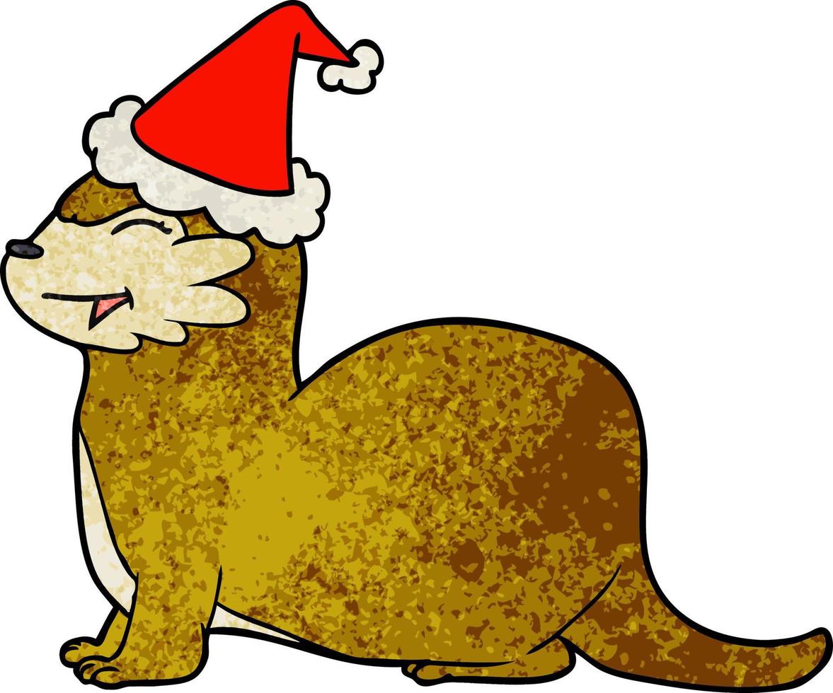 caricature texturée de loutre riante d'un bonnet de noel vecteur