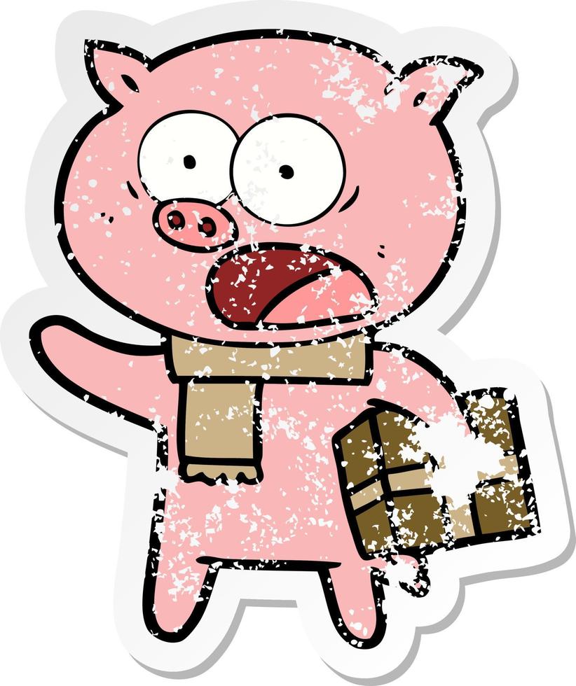 autocollant en détresse d'un cochon de dessin animé avec un cadeau de Noël vecteur