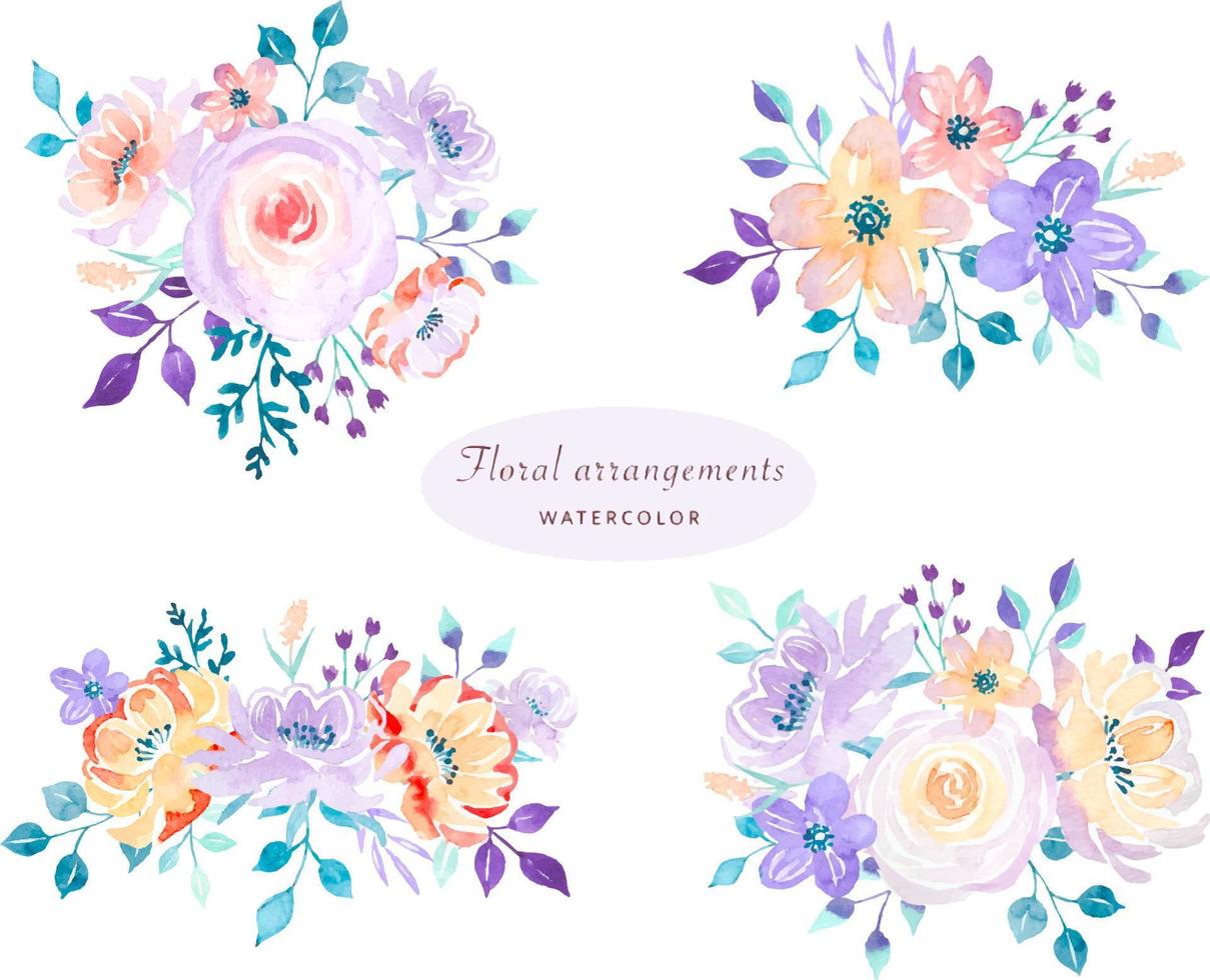 arrangements floraux de fleurs et de feuilles aux couleurs vives. illustration aquarelle vecteur