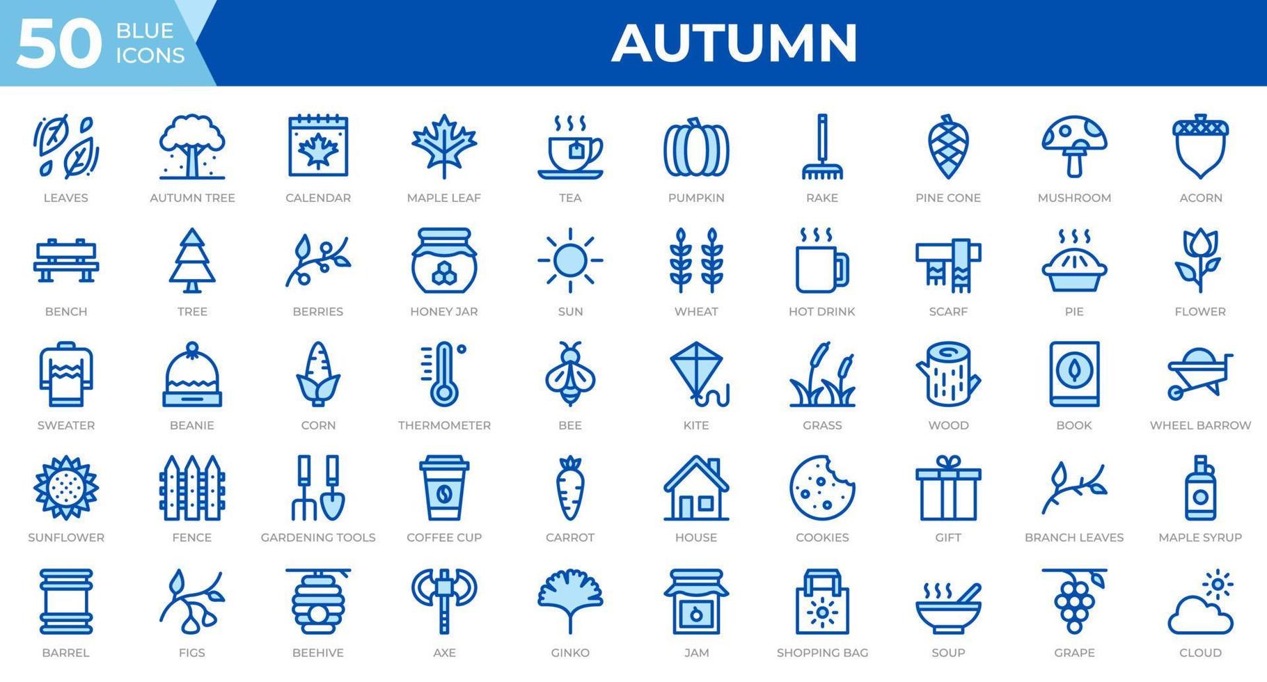 ensemble de 50 icônes d'automne dans le style de ligne bleue. feuilles, baies, pull. collection d'icônes de contour. illustration vectorielle vecteur
