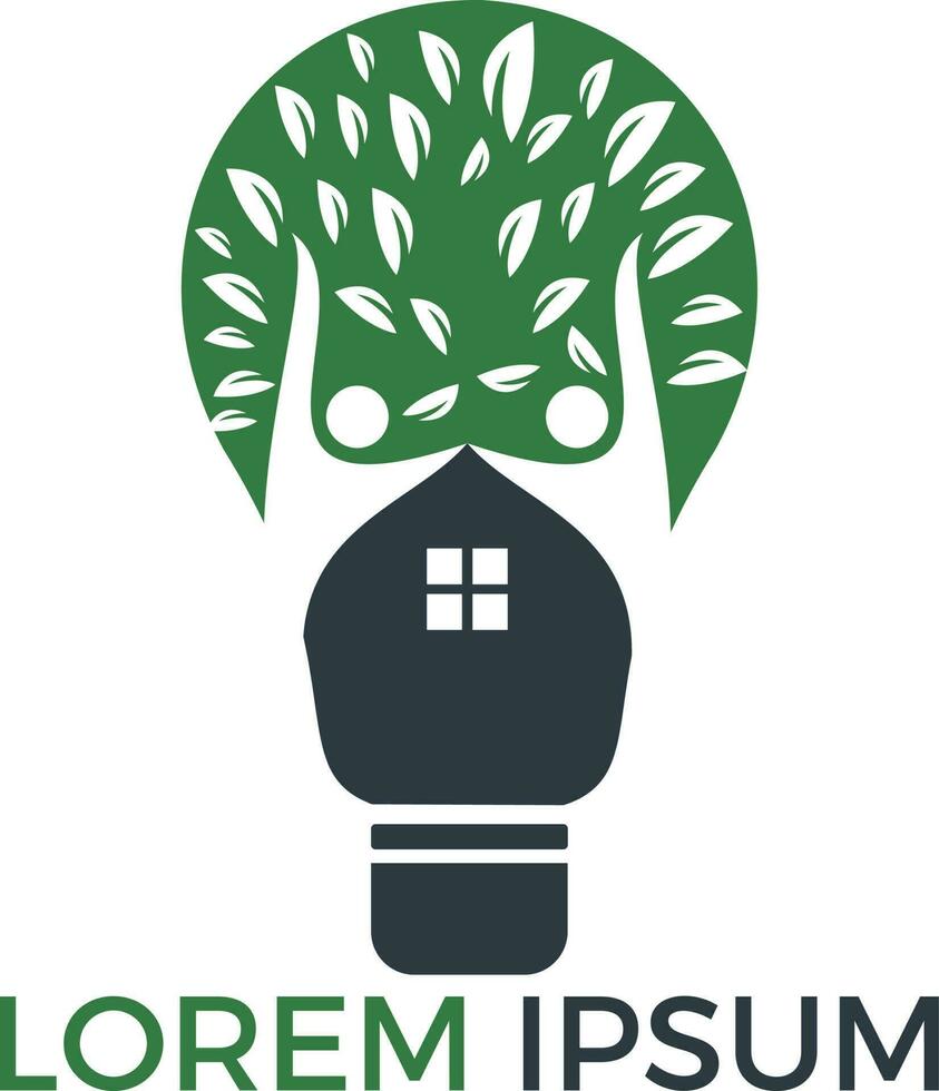 modèle de logo de maison intelligente. ampoule avec cabane dans les arbres et création de logo de personnes. concept de maison intellectuelle, appartement ou chalet. vecteur