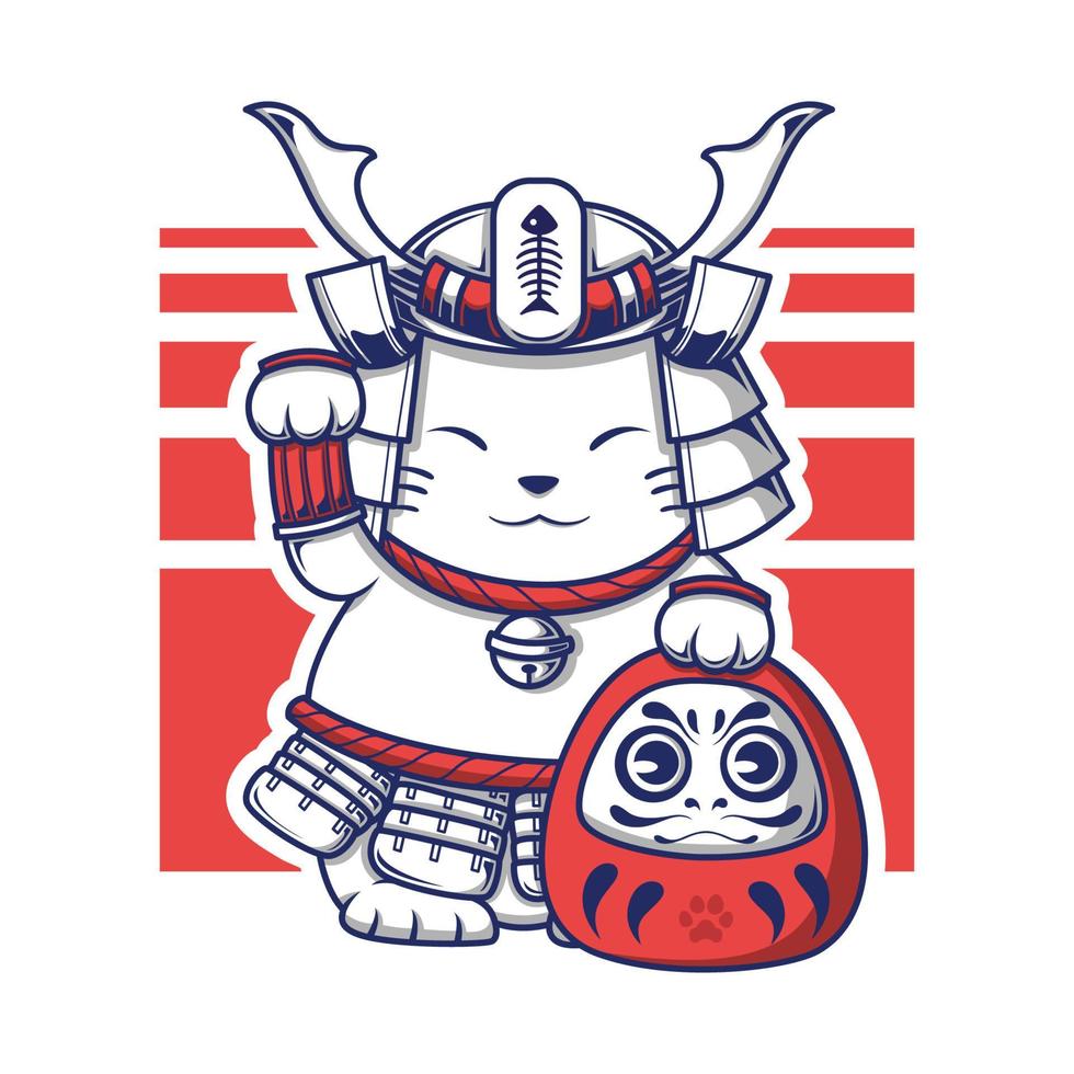 chat porte-bonheur neko avec illustration de poupée daruma vecteur