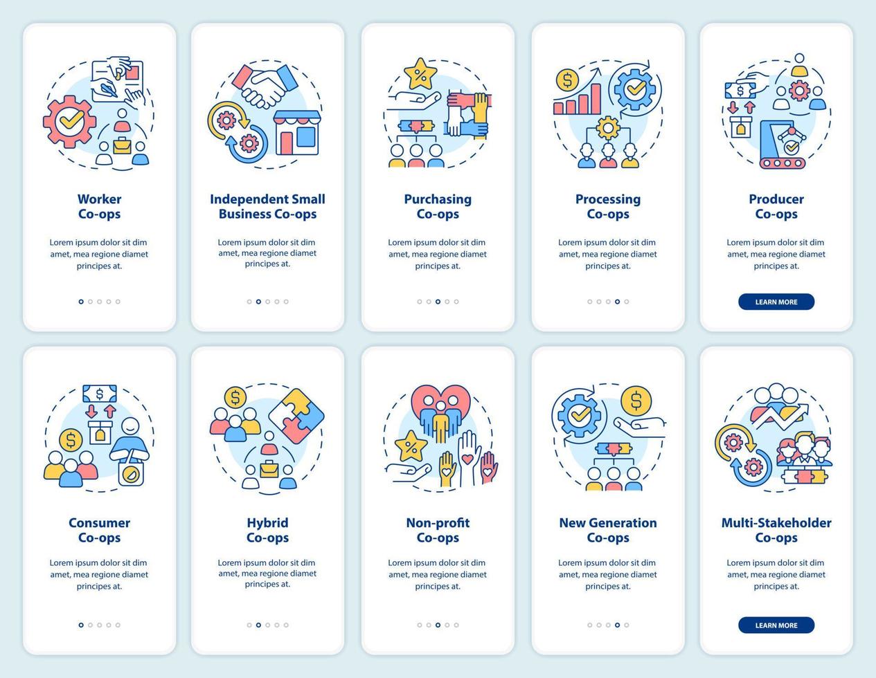 ensemble d'écrans d'application mobile d'intégration de types de coopératives d'affaires. Pages d'instructions graphiques en 5 étapes de la procédure pas à pas d'entreprise avec des concepts linéaires. ui, ux, modèle d'interface graphique. vecteur