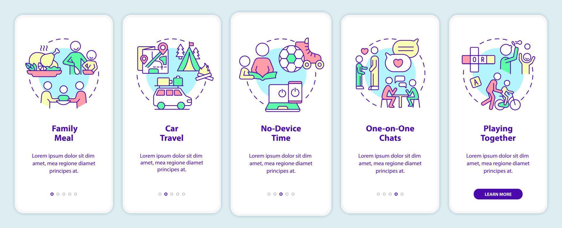 temps de qualité ensemble sur l'écran de l'application mobile d'intégration. loisirs et vacances pas à pas pages d'instructions graphiques en 5 étapes avec des concepts linéaires. ui, ux, modèle d'interface graphique. vecteur