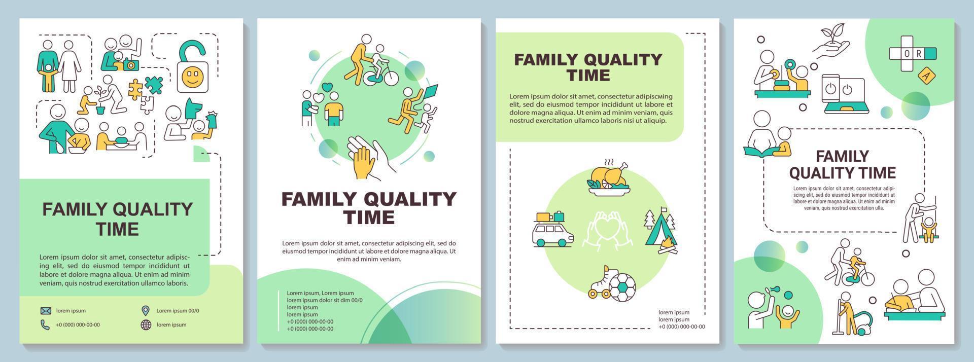 modèle de brochure verte de temps de qualité familiale. relation familiale. conception de dépliant avec des icônes linéaires. 4 mises en page vectorielles pour la présentation, les rapports annuels. vecteur