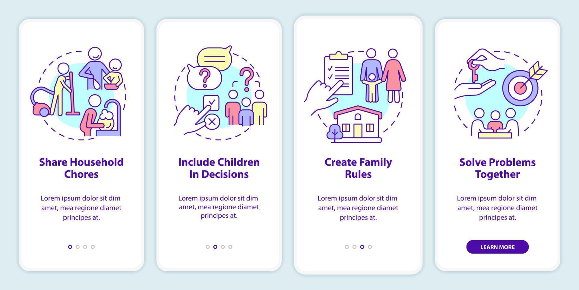 encourager le travail d'équipe à bord de l'écran de l'application mobile. page d'instructions graphiques en 4 étapes de la relation familiale avec des concepts linéaires. ui, ux, modèle d'interface graphique. vecteur