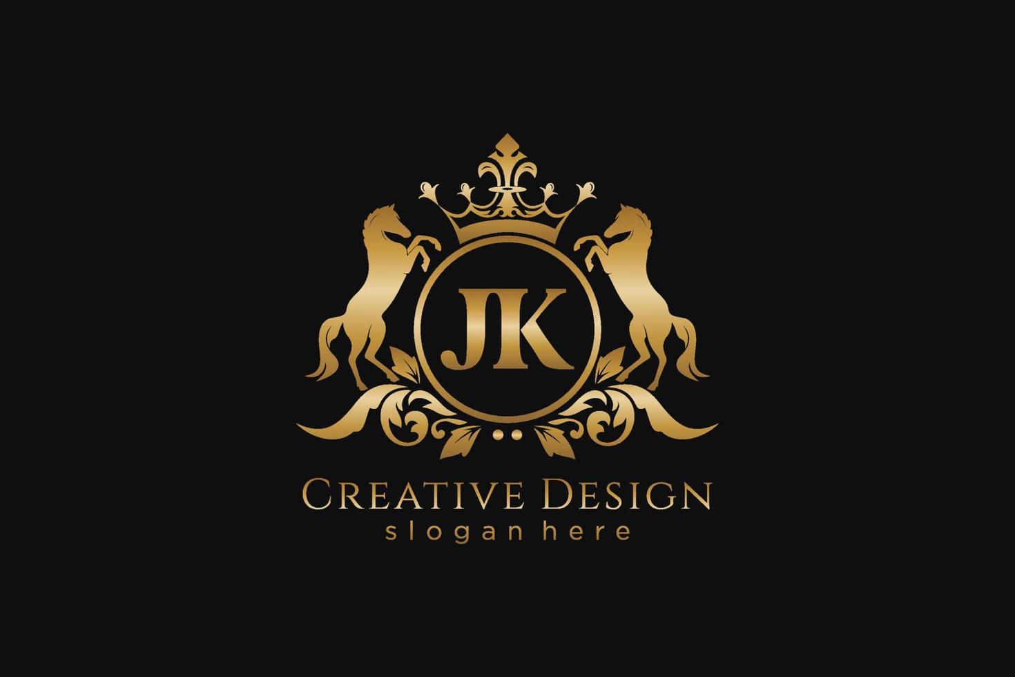 crête dorée rétro jk initiale avec cercle et deux chevaux, modèle de badge avec volutes et couronne royale - parfait pour les projets de marque de luxe vecteur