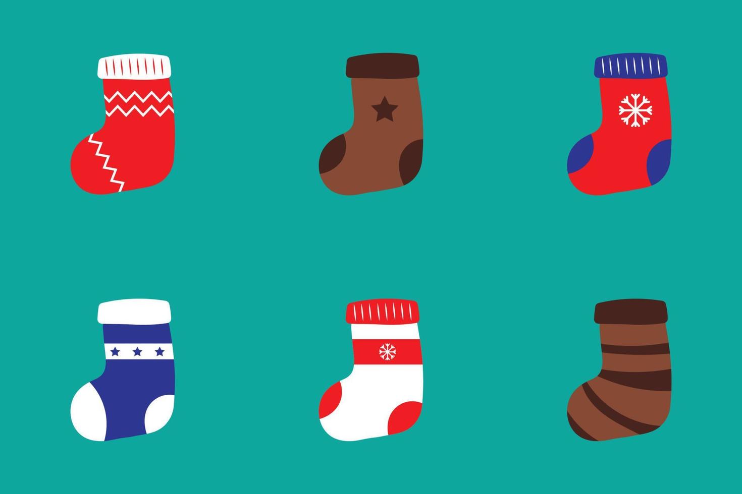 ensemble de stocks de noël. Un ensemble de six chaussettes différentes pour les cadeaux de Noël sur fond blanc vecteur