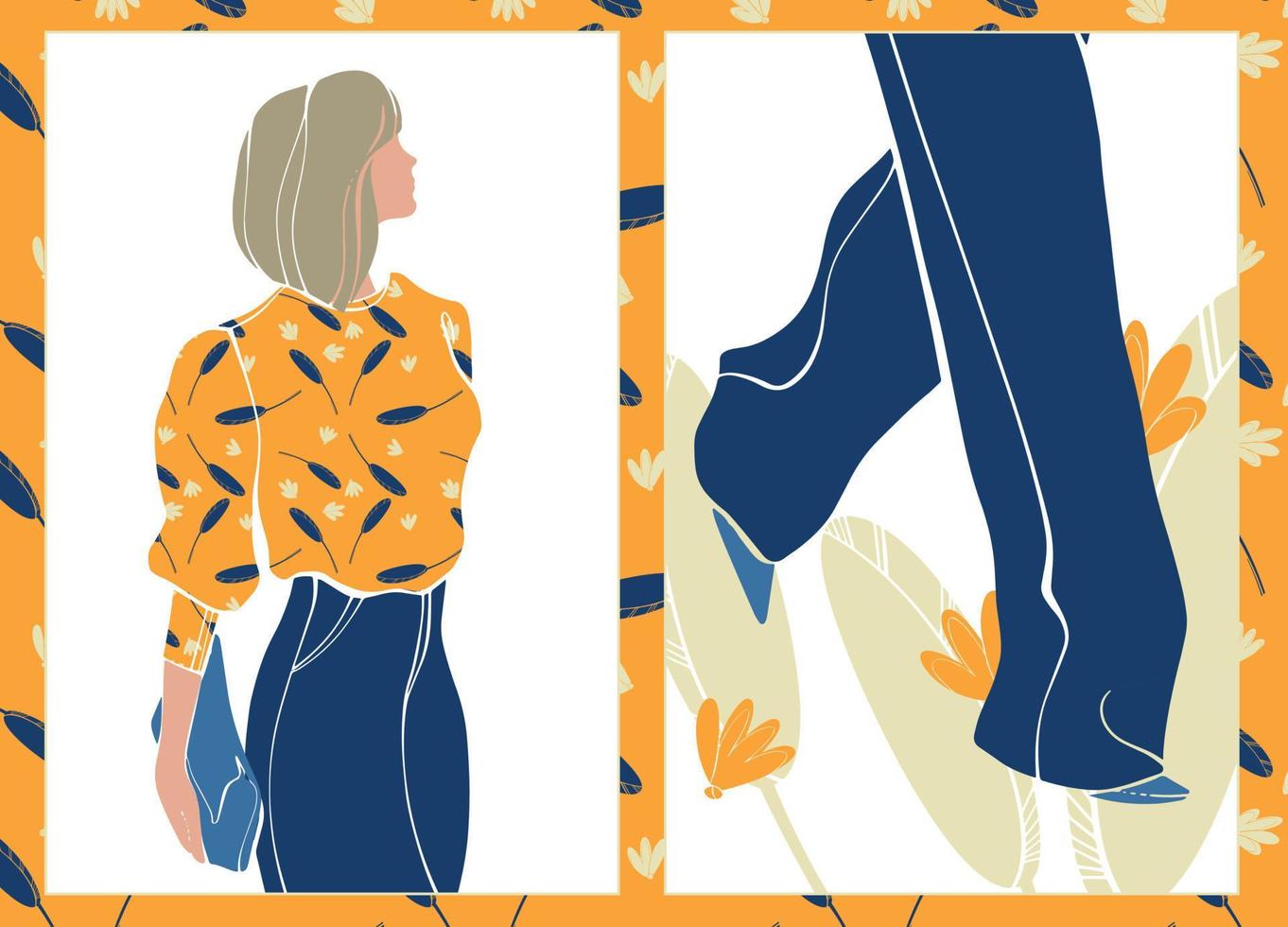 concept de publicité de mode. mode de rue. illustration de jeune fille définie style de rue. conception d'affiches de mode moderne. publicité de mode. illustration vectorielle de tendance. fond floral abstrait. vecteur