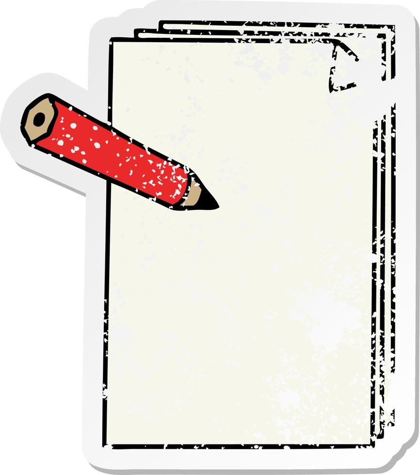 autocollant en détresse d'un papier et d'un crayon de dessin animé dessinés à la main vecteur