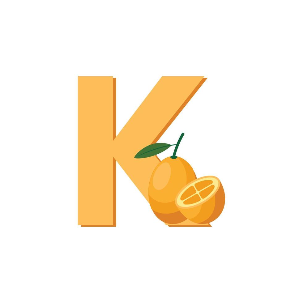 lettre k alphabet fruits kumquat, vecteur de clip art, illustration isolé sur fond blanc