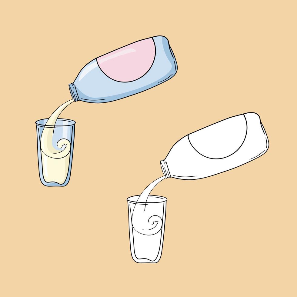 un ensemble d'images, une bouteille en plastique avec une boisson, verser du lait dans un récipient en verre, un espace de copie, une illustration vectorielle en style dessin animé sur un fond coloré vecteur