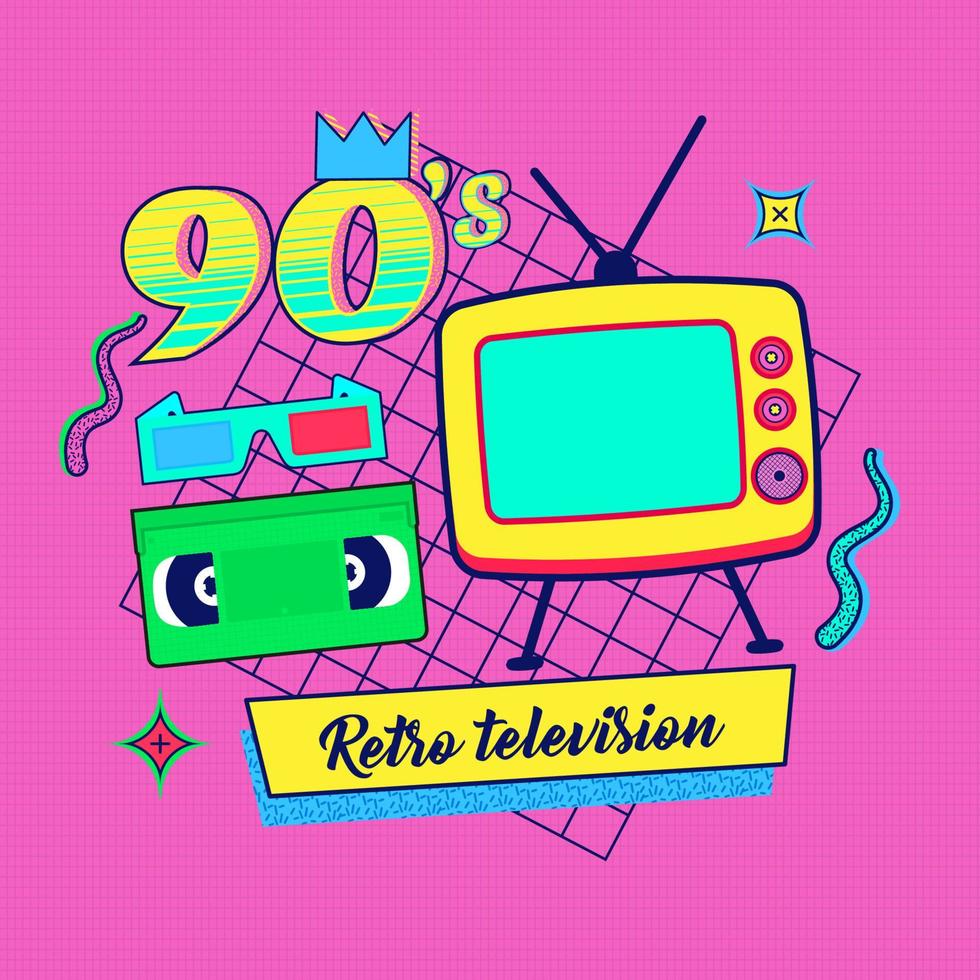 Télévision rétro colorée nostalgique des années 90 et 80 memphis vecteur