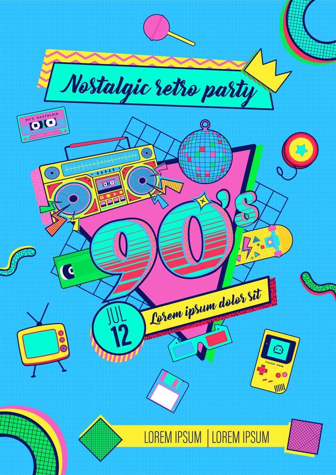 affiche de fête rétro colorée nostalgique des années 90 et 80 memphis vecteur