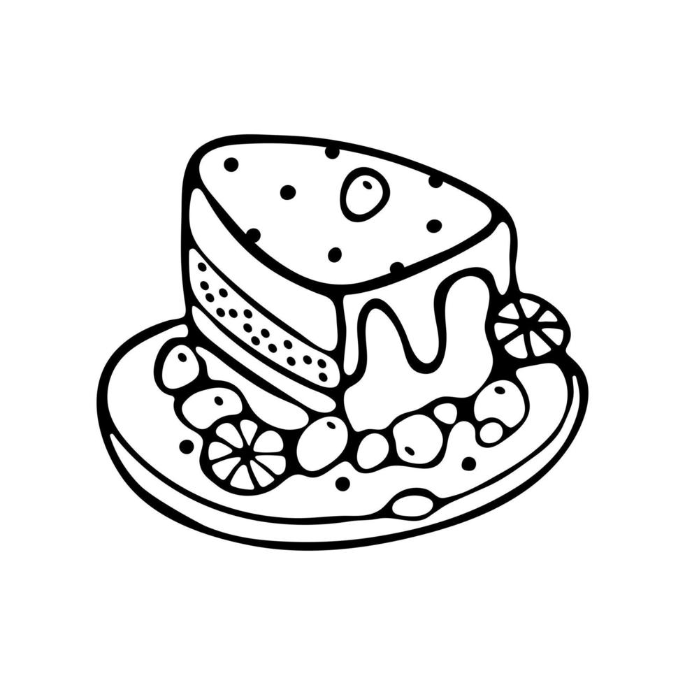 tranche de gâteau d'anniversaire avec des fruits et des baies sur une assiette contour doodle illustration vectorielle de conception pour livre de coloriage vecteur