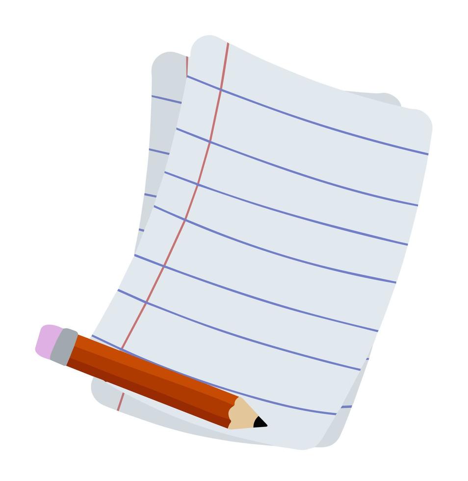 feuille de cahier. page vierge blanche avec un crayon rouge. liste papier du bloc-notes. icône de dessin animé plat. vecteur