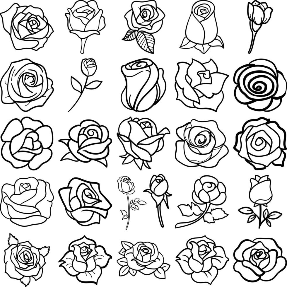 roses dessinées à la main doodle dessin au trait ensemble de contours vecteur