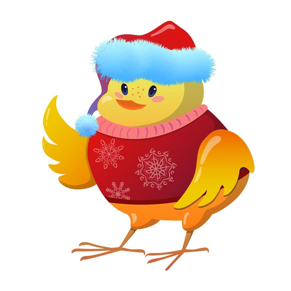 joli poulet jaune dans le chapeau rouge du père noël et son pull chaud. oiseau en style cartoon. illustration vectorielle isolée sur fond blanc. vecteur