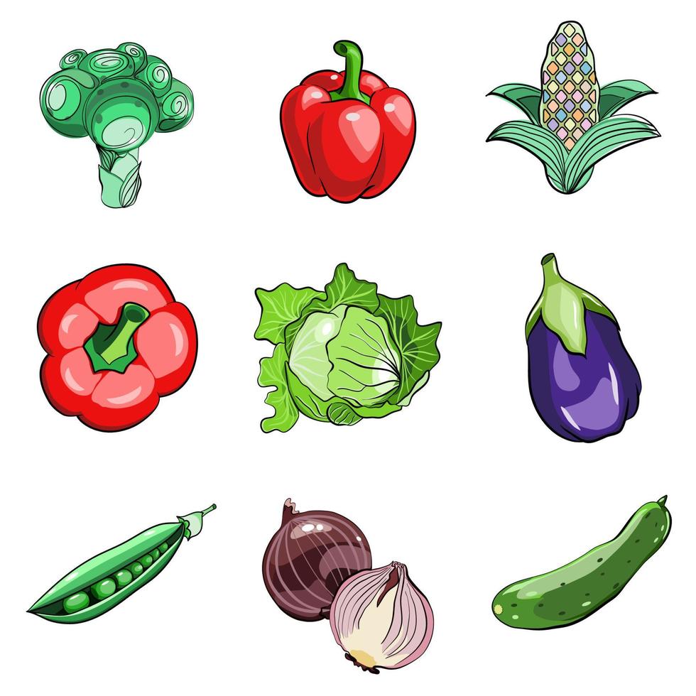 ensemble de légumes avec poivre, aubergine, concombre, poire, oignon, chou, brocoli et maïs vecteur