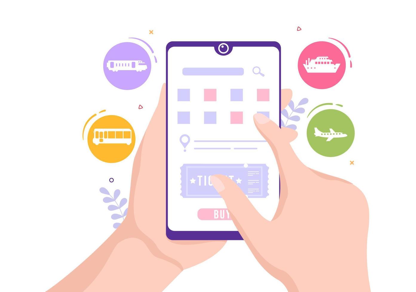 application de service de réservation en ligne de voyage de billet sur le modèle de smartphone illustration plate de dessin animé dessiné à la main pour la planification de voyage vecteur