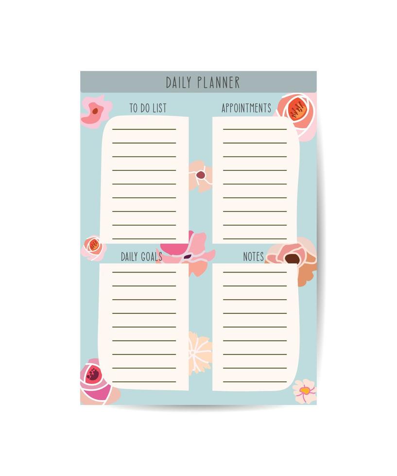 modèle de planificateur de routines quotidiennes avec un design floral. planificateur avec espace pour les notes, les choses à faire et les habitudes et le suivi de l'eau vecteur