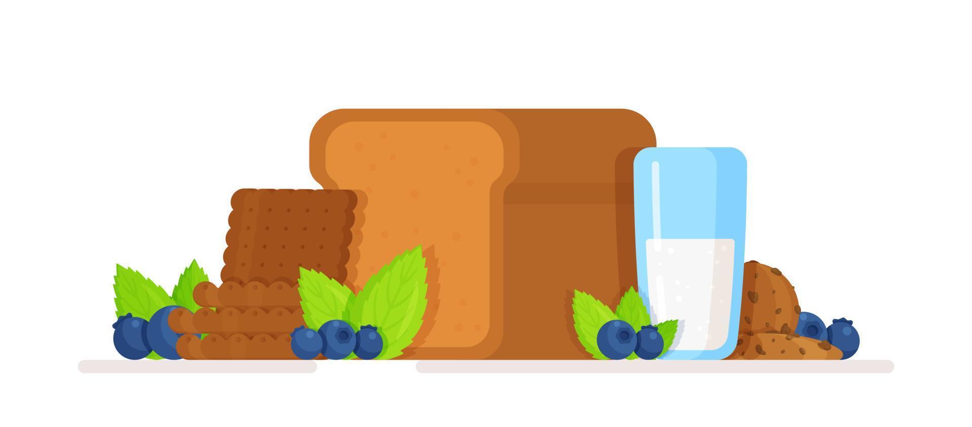 illustration vectorielle de pain sucré. concept de pain sucré et de lait, de baies et de biscuits. vecteur
